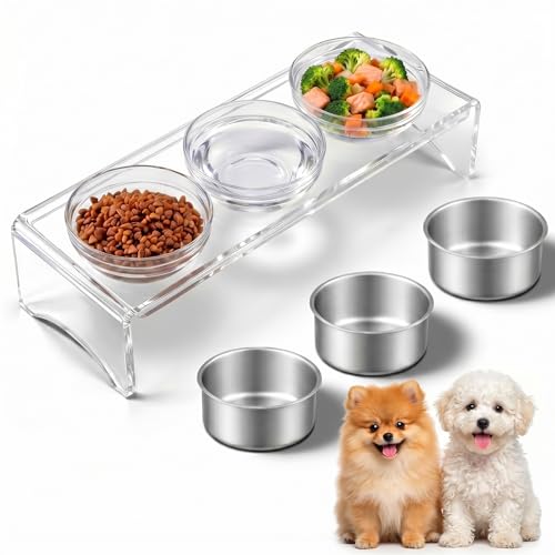 Elevated Acrylic Dogs Bowl Stand 3.75 Tall Raised Cat & Dog Bowls with 3 Stainless & 3 Glass Non-Slip Easy to Clean Raised Dog Bowls for Small Dogs Cats Pets Puppy