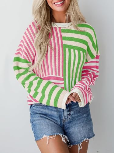 Womens Sweaters Crewneck Oversized Long Sleeve Striped Color Block Loose Knit Colorful Pullover Tops3