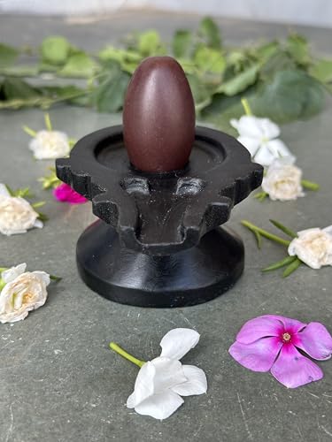 Image of Shivam VASTU AKAL 1.5 inch Original Narmadeshwar Narmada Shivling with 3 inch Narmada Stone Yoni Base Jaladhari (Swayambhu Shivling, Black Designer Damru Jaladhari)