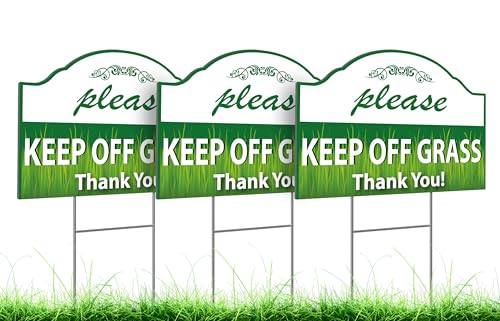 3X Double Sided 8x12 Please Keep Off Grass Plastic Sign with Stake - No Dog Poop Signs for Yard - Pick Up After Your Dog Sign - No Pets No Dogs Allowed or Keep Dogs off Lawn Signs with Grass Stakes