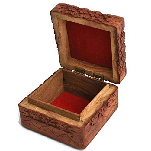 Ajuny Handgeschnitzte Dekorative Andenkenbox aus Holz Schmuckschrank Schatztruhe Schmuckhalter Aufbewahrung Reise Organizer Perfekte Geschenkideen für Männer und Frauen 4 x 4 x 2,5 Zoll