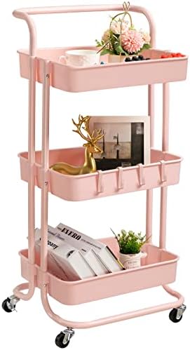 danpinera 3 Tier Rolling Utility Cart with Hooks & Handle Storage Organization Shelves for Kitchen, Bathroom, Office, Library, Coffee Bar Trolley Service Cart, Pink
