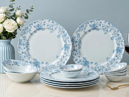 Image of Bodhi House Porcelain Dinner Set 14 Pieces - Blue Leaf White Dinnerware Set | 6 Dinner Plates, 6 Katori Bowls, 2 Serving Bowls | Premium Crockery Set for Dining, Kitchen & Gifting