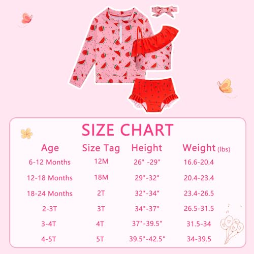 Funnycokid Baby Girl Swimsuit 6-9 Months Bathing Suit Swim Rash Guard Long Sleeve Infant Watermelon 3 Piece 12 Month Red thumb #3