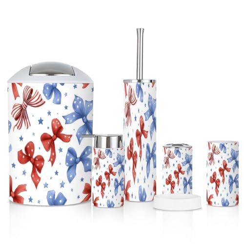 6 Piece Bathroom Accessories Set Seamless 4th July Bow red
