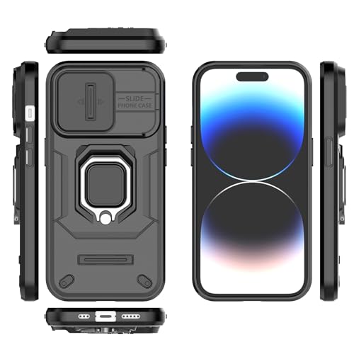 Image of Polycarbonate Camshield Pro Case With Slide Camera Protection And 360 Protection Ring Stand Bumper Back Case Cover For iPhone 14 Pro (Black)