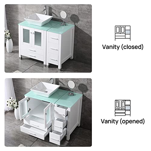 Bathjoy 36 Inch White Modern Wood Bathroom Vanity Cabinet Square Ceramic Vessel Sink Top Free Faucet Drain With Mirror thumb #3