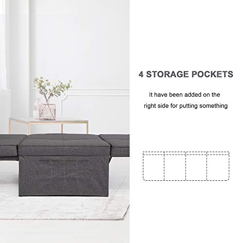 windaze Folding Ottoman Sofa Bed, 4 in 1 Multi-Function Chaise Lounge Morden Linen with 5 Position Adjustable Backrest Convertible Guest Fold Out Bed, Dark Grey