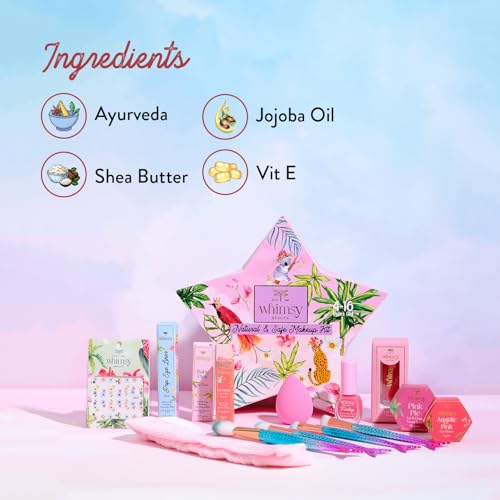 Whimsy Beauty Organic & Safe Blossom Makeup Kit| Safe, Non-Toxic Beauty Set for Girls & Teens |Eye Glitter, Lip Cheek Tint, Lip Gloss,Eye Liner, Nail Paint and Mermaid Brushes (Pack of 14)