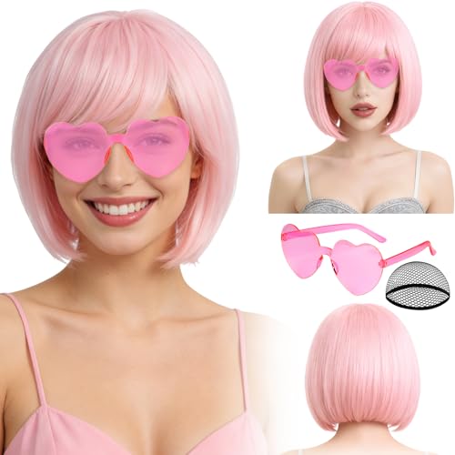 Image of PLULON Pink Bob Wig with Heart Sunglasses for Women Men, Colorful Short Funny Bob Wigs with Bangs Black Hair Cap Colored Cosplay Hairpieces for Christmas Halloween Costume Neon Bachelorette Party