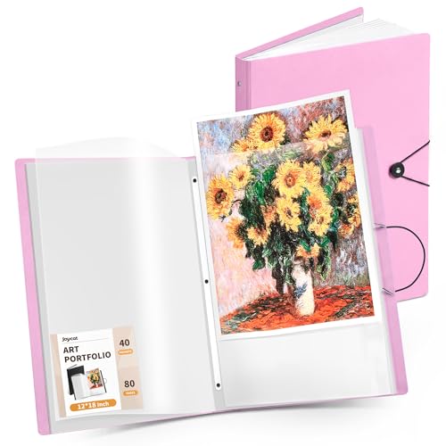 Image of JoyCat 12 x 18 Art Portfolio Binder, 40 Acid-Free Clear Pockets Art Folder Display 80 Pages, Large Presentation Book for Artists and Students (Pink)
