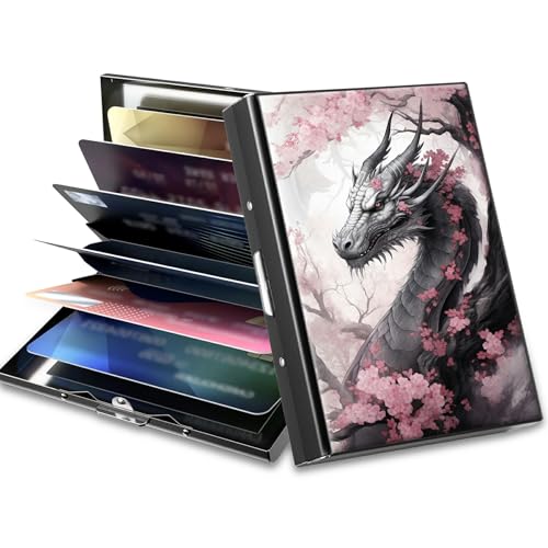 Slim Credit Card Holder, Pink Sakura Dragon RFID Blocking Metal Wallet for Men & Women, Aluminum Minimalist Hard Case Pocket-Sized Business Cards Organizer (Fits Up to 10 Cards)