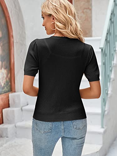 Women Summer Knit Cardigan Shrug Hollowed Out Puff Sleeves Lightweight Summer Sweater Cardigan Black S #TOP2