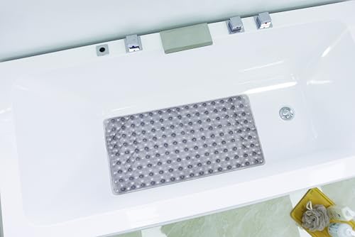 Bathtub Mat Non Slip with Suction Cups 15"x27" - Anti-Slip Shower Mat for Kids, Toddlers, and Seniors - Machine Washable Bath Tub Mat with Multiple Drainage Holes (Grey)