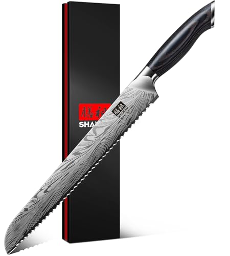 SHAN ZU 10 Premium Bread Knife in Powder Steel, Japanese Serrated Kitchen Knives High Carbon 63 HRC Bread Slicer Knives Professional 12°Sharp Longer Blade Chef Pastry Knife with Comfortable Handle