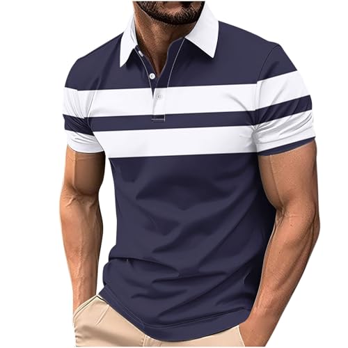 Mens Polo Shirts Fashion Stripe Tshirts for Men UK Short Sleeve Henley T Shirt Muscle Fit T-Shirts Business Workwear Classic Color Block Tee Tops Casual Everyday Wear Clothing Navy XXL
