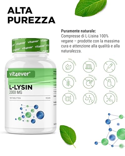 L-Lisina 2000-160 Compresse - 1000 Mg Per Una Compressa - Vegan - L-Lisina Hcl, Cellulosa Microcristallina (Agente Di Carica) - 3