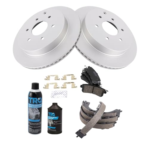Image of TRQ Rear Brake Pad & Rotor Kit, with Chemical Kit Parking Brake Shoe Set Ceramic Premium G-Coated Compatible with 2011-2013 Infiniti QX56 2014-2017 QX80 2017 Nissan Armada