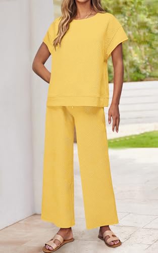 Image of PRETTYGARDEN 2 Piece Outfits For Women Casual Tracksuit Short Sleeve Tops And Wide Leg Long Pants Matching Lounge Sets