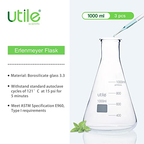 Utile Glass Erlenmeyer Flask Set, 1000ml Narrow Mouth Erlenmeyer Flasks, 3pcs of Borosilicate 3.3 Glass Conical Flasks for Laboratory with Printed Graduation, 4016.1000.3