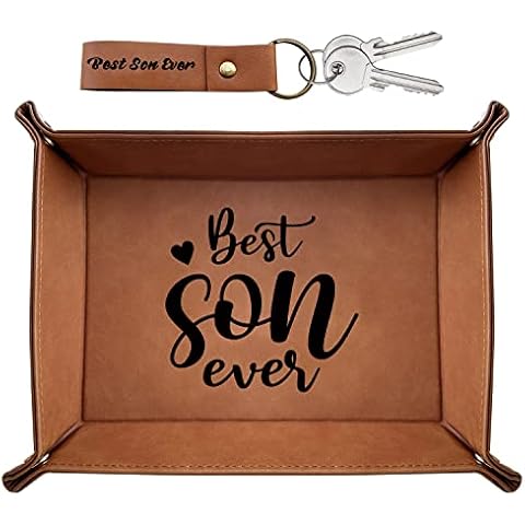 XIKAINUO Best Son Ever PU Leather Catchall Valet Tray with Best Son Ever Engraved Keychain Nightstand Organizer Gift for Loving Son from Parents Dad Mom Birthday Graduation Christmas Cover