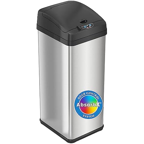 iTouchless 13 Gallon Sensor Kitchen Trash Can with Lid and Odor Filter, Stainless Steel Trashcan Extra-Wide Lid Opening Slim Garbage Bin for Home Office Work Bedroom Living Room Garage Large Capacity Cover