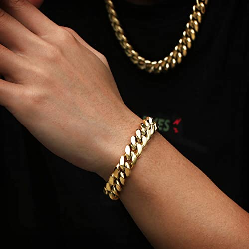 GOLD IDEA JEWELRY Hip Hop 14K Cuban Link Chain 5 Times Real Gold Plated Heavy Solid 8mm-18mm Miami Cuban Link Chain Stainless Steel Necklace or Bracelet for Men (8.5, 16mm) — view 3