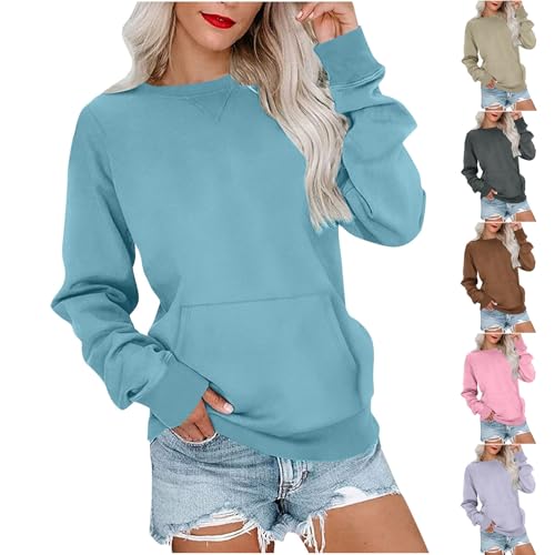 VBTAPA Women'S Sweatshirt Crewneck Sweatshirts Women Decorative V-Stitch Detail Hoodless Hoodies Casual Fall Pullover Tops with Kangaroo Pocket Sky Blue S - image 1