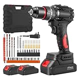 Cordless Combi Drill Set 21V, Battery Drill Brushless Motor 60N·m with 2 Batteries 2.0Ah, 10mm Chuck, 2 Speeds, 20+3 Torque, LED Light, Electric Screwdriver Kit Impact Drill for Masonry Wood Metal