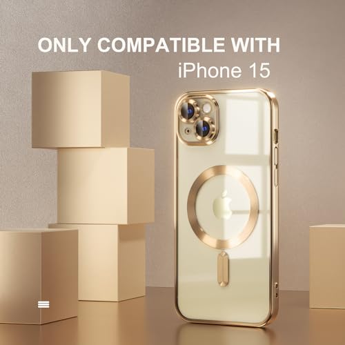 Image of Misea Magnetic for iPhone 15 Case Compatible with MagSafe Gold | [Never Yellowing] [Military Drop Protection] Full Camera Lens Protector Plating Soft Clear Phone Case for Women, Gold