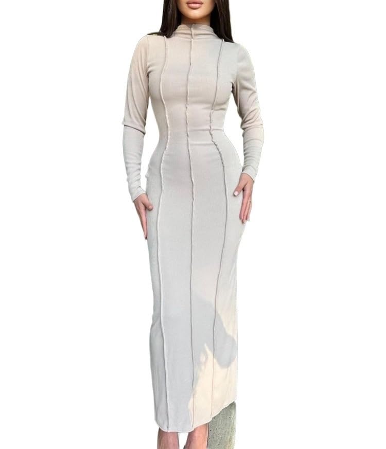 Amazon.com: 2023 New Ribbed Solid Patchwork O-Neck Long Dress Women Autumn Bodycon  Long Sleeve Slim Elegant Party Club Vestido (Color : Rose Red, Size :  Small) : Clothing, Shoes & Jewelry
