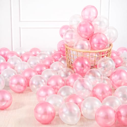Image of 50 Pcs Pink White Metallic Chrome Balloons for Birthday Decoration Items Anniversary Baby Shower Girls Year With Latex Transparent Metallic Balloon Happy Birthday Decoration Set Kit Combo