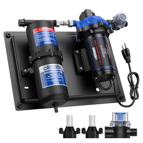 CrestWave RV Water Pump 110V AC 7GPM 70PSI and 1L 125PSI Pre-Pressurized Accumulator Tank, Quiet Water Transfer Pump and Accumulator Tank System for Home Water System, Irrigating & Industrial Settings