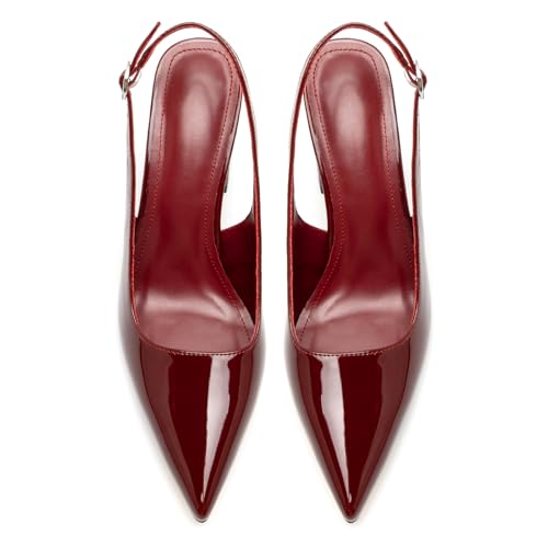heelchic Slingback Heels for Women Block Heel Pointed Toe Closed Toe Chunky Heel Slip on Wedding Dress Shoes WineRed72