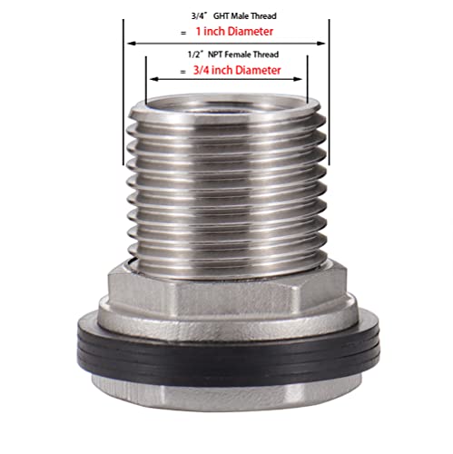 Happyreise Stainless Steel Garden Hose Bulkhead Fitting,Double 1/2" Female Npt 3/4" Male Ght Garden Hose Threaded,Stainless Steel Water Tank Connector 2 Pack #TOP1