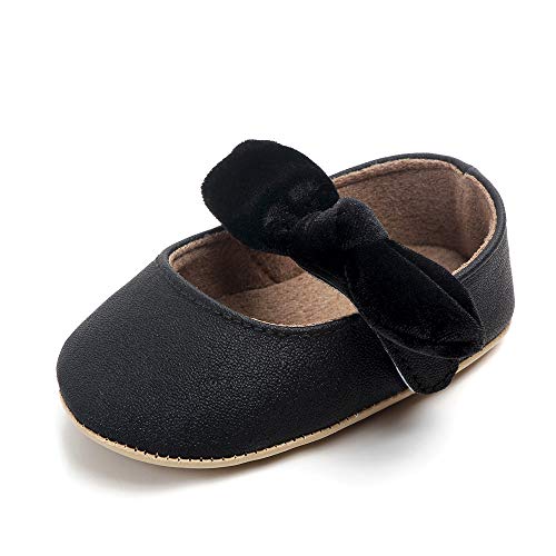 Enteer Baby Girls' Mary Jane Flats Anti-Slip Rubber Sole Bow Toddler Princess Shoes Black US 4