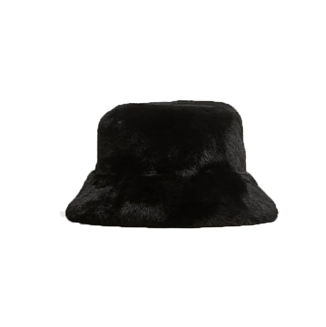 FAIRY TRENDZ Womens Party Wear Fluffy Fur Bucket Hat Ladies Winter Warm Fisherman Plain Printed Cap Black