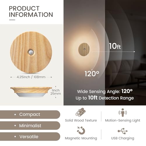 Image of Motion Sensor Night Lights Wood, Rechargeable Battery-Powered Magnetic Stick-On Night Lights Wall Lights for Hallway, Bedroom, and Stairs (Ash Wood *2Pack)