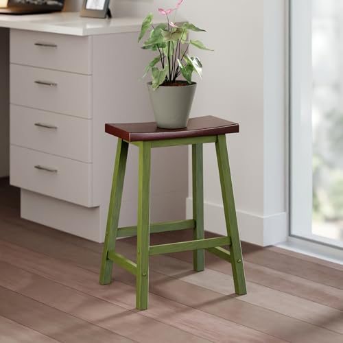 Image of Winsome Satori Saddle Seat 24In Counter Stool Rustic Green and Walnut Finish