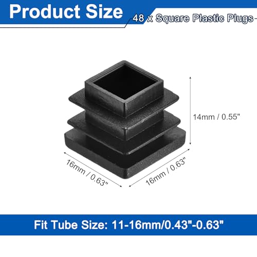 Image of uxcell 48Pcs Square Plastic Plugs, 16 x 16mm /0.63 x 0.63inch PE Pipe Tubing End Caps for 11-14mm /0.43-0.55inch Square Tube Furniture Chair Leg, Black