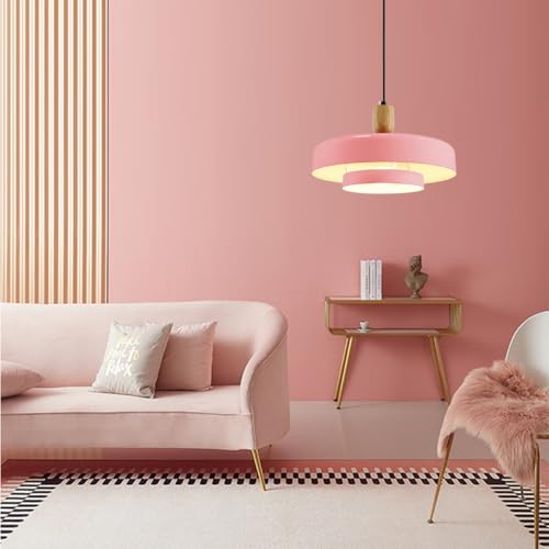 Image of Pink 2 Tier Saucer Hanging Pendant Lamp Adjustable Ceiling Fixture | Solid Wood Pendant Light, Gold Canopy, 150cm Adjustable Cord, E26, Fits Flat /Sloped /Arched Ceilings for Kitchen Island