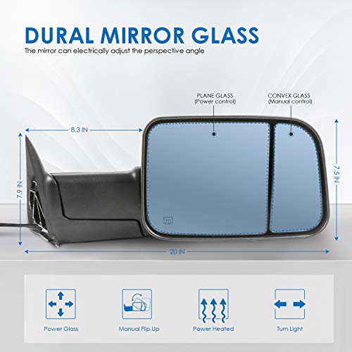 Mostplus Towing Mirror Compatible For 1998-2002 Dodge Ram 1500 2500 3500 Power Heated Mirror W/Led Turn Light (Black) #TOP1