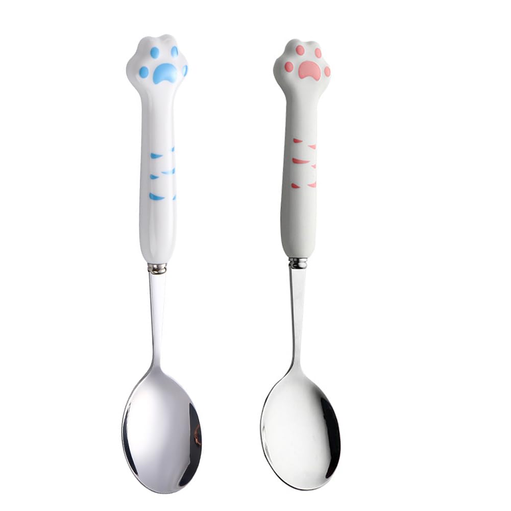 QIAOIDEA Cat Spoons for Wet Food, Pet Can Spoon Stainless Steel Pet Food Spoon Cat Claw Spoon for Dogs and Cat Kitty Food Can, Blue and Pink, Pack 2