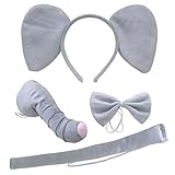 4 Pcs Halloween Elephant Ears Headband Nose Bow Tie Tail Gray Elephant Hair Hoops Women Bowtie Animal Headpiece Hairband Hair Bands Cute Cosplay Costume Dress Up Masquerade Birthday Party Accessories
