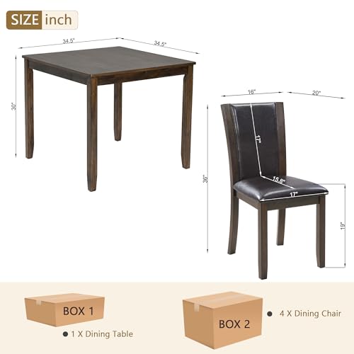 Image of KEIKI 5-Piece Standard Height Dining Table Set with Square Table, 4 Upholstered Chair, for 4 Person, Farmhouse Rustic Style Table Set, Easy Assembly, for Kitchen, Dining Room, Dark Walnut