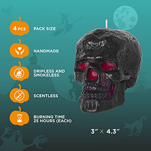 Candwax 3X4.3 Inch Set Of 4 Black Skull Candles - Ideal As Spell Candles And Halloween Candles - Themed Candles For Spooky Halloween Decorations - Red Inside, Small Size #TOP1