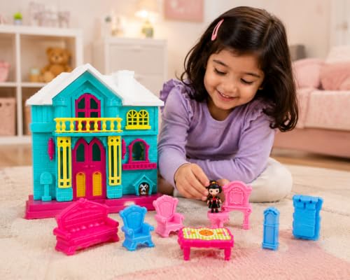 Image of My First Villa Portable Dollhouse Playset for Kids | Vibrant Pretend Play Toy Home with Balcony, Windows, and Openable Doors | Birthday Gift for Girls & Toddlers (Blue & Pink) (Green)
