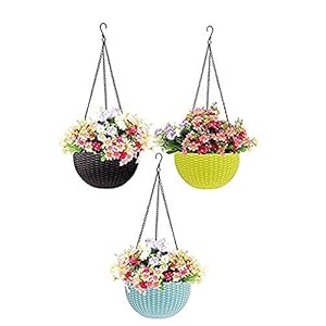 Go Hooked Plastic Hanging Planter, Multicolour, Pot Diameter-7.1 Inch, Pot Height-4.8 Inch, Pot Thickness-3 mm, Chain Length-13 inch Approx., 3 Pieces (RattanPlanterSetof3)