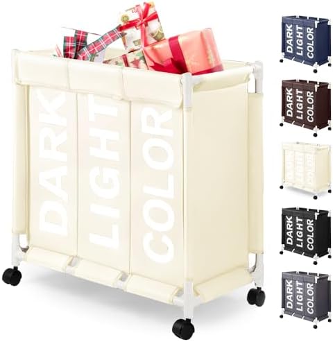 Cesto de Ropa con Ruedas de 3 Compartimentos 90L Grande Cesta de ...