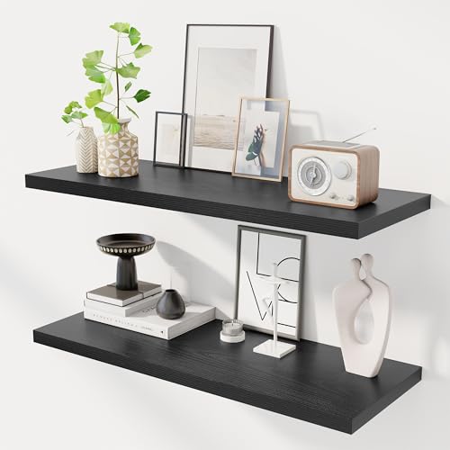 Image of Dreamland 36 inch Floating Shelves for Wall, 12 inch Deep Slim Black Floating Shelves, Wall-Mounted Shelves for Bedroom, Living Room, Kitchen, Bathroom - Set of 2